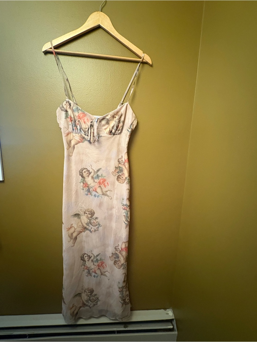 Cherub-Print Midi Slip Dress in Blush Pink